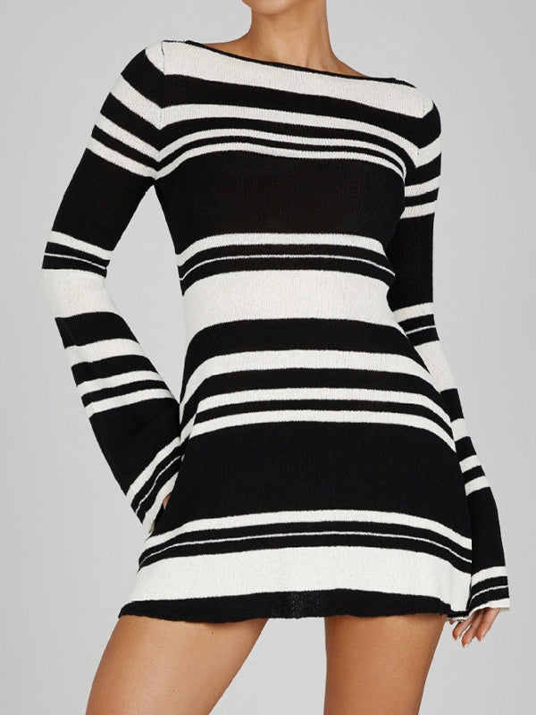 Stripe Splice Backless Knit Mini Dress
