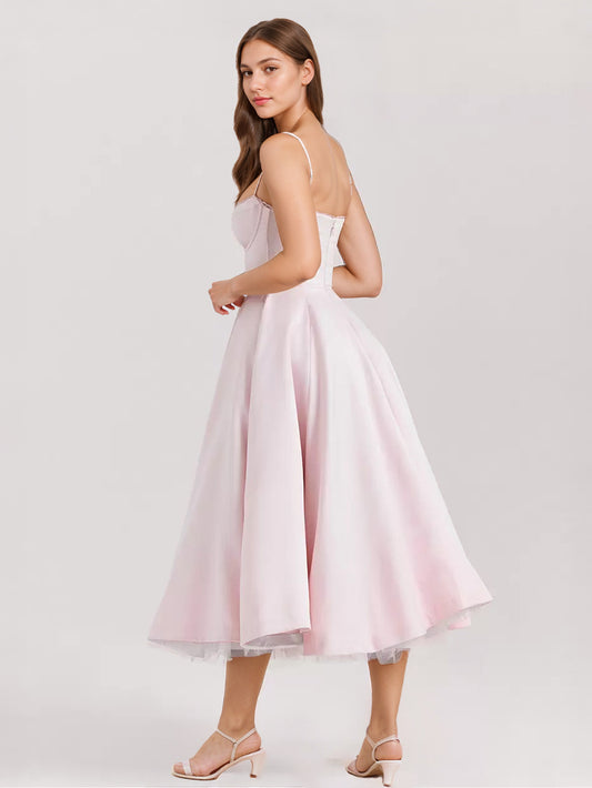 Soft Pink Corset Midi Dress Sweetheart Neck Straps A-line Birthday Party Dress For Women 2026
