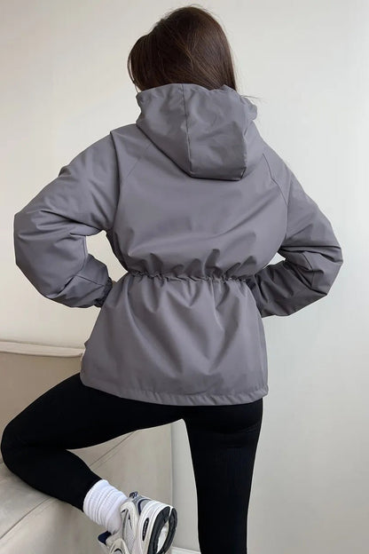 Waterproof Hooded Drawstring Loose Casual Outdoor Hiking Jacket