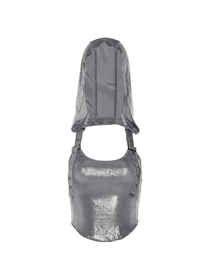 Metallic Eyelet Buckle Hooded Halter Vest
