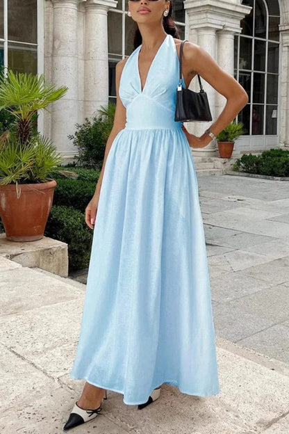 Solid Color Halter Neck Tie Elegant Backless Waist-cinching Maxi Dress