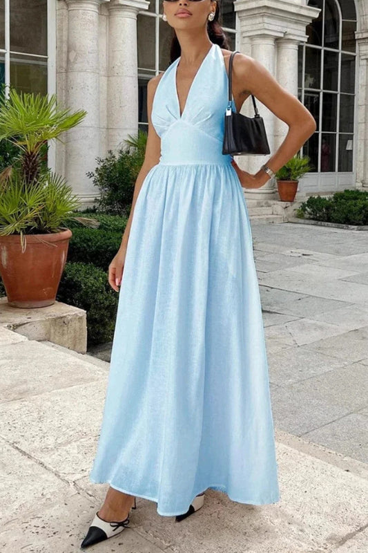 Solid Color Halter Neck Tie Elegant Backless Waist-cinching Maxi Dress