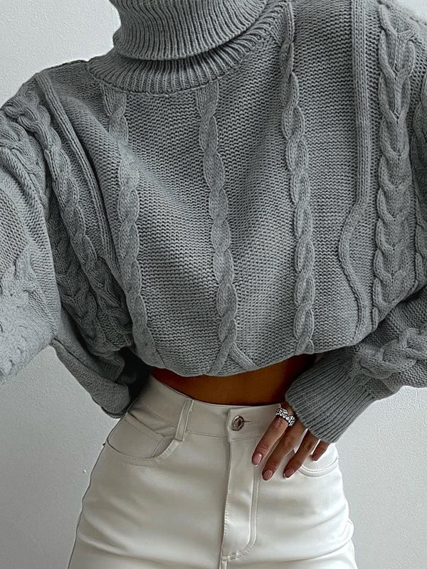 Solid Cable Knit High Neck Sweater