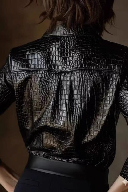 Snake Print Faux Leather Shiny Long Sleeve Chic Blouse