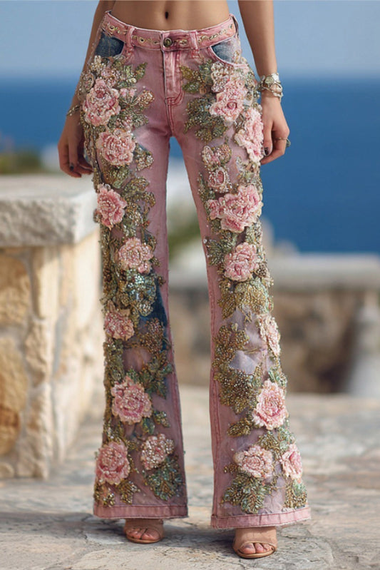 Floral Printed High-waisted Pocket Casual Flared Jeans
