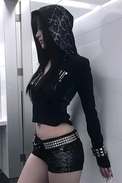 Gothic Graphic Hooded Long Sleeve  Crop Top