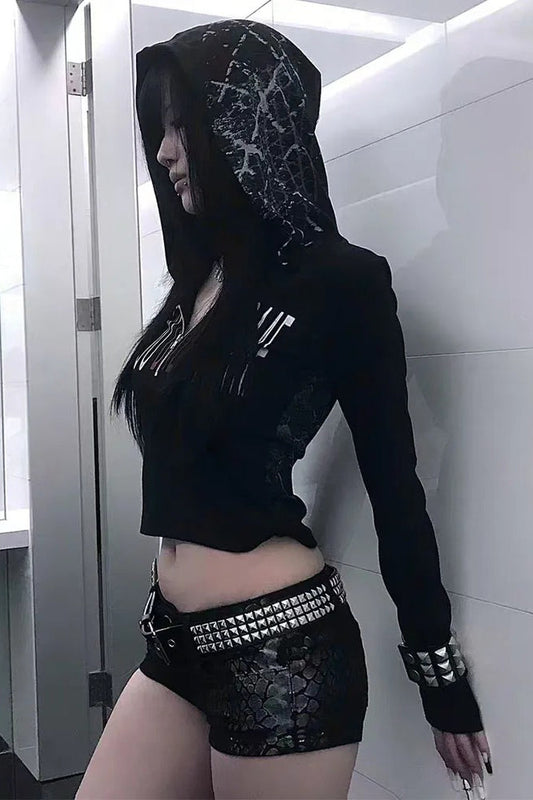 Gothic Graphic Hooded Long Sleeve  Crop Top