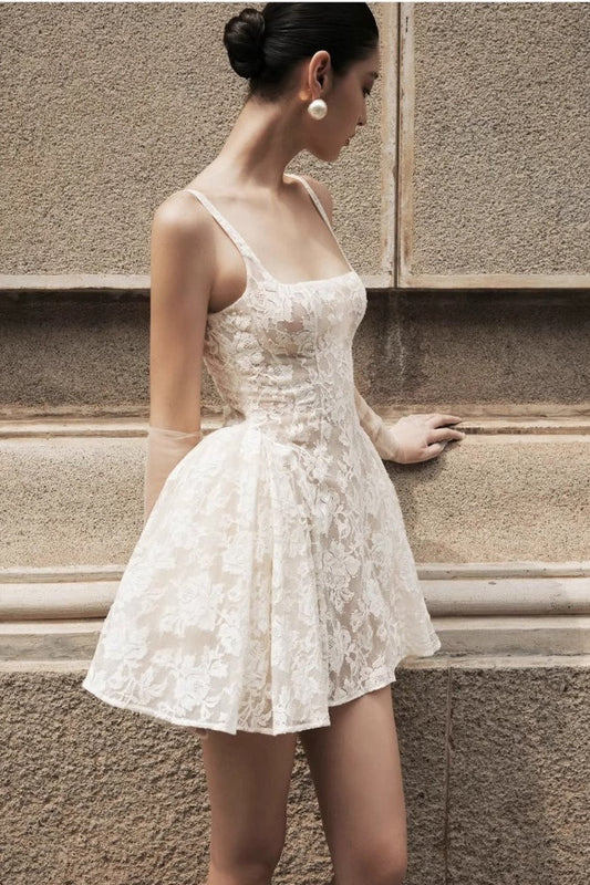 Lace Ruffled Waist Mini Party Dress