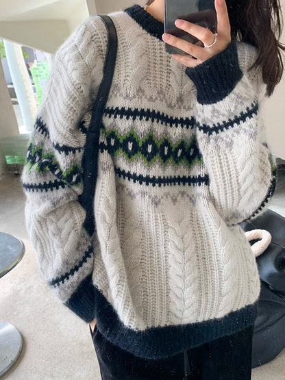 Vintage Jacquard Cable Knit Pullover Sweater