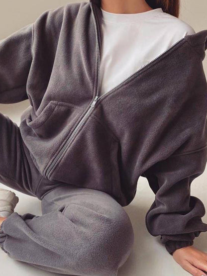 Solid Zip Up Oversized Hoodie & Bound Feet Sweatpants Set