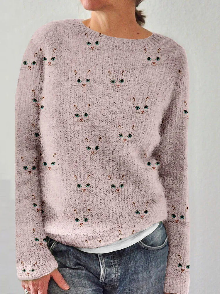 Suéter de punto con cuello redondo y estampado de caras de gato para mujer | Ideal para otoño/invierno