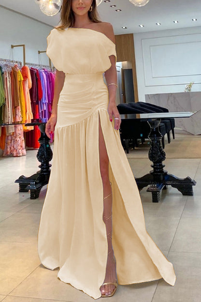 Midnight Chances One Shoulder Ruched Detail Slit Party Maxi Dress