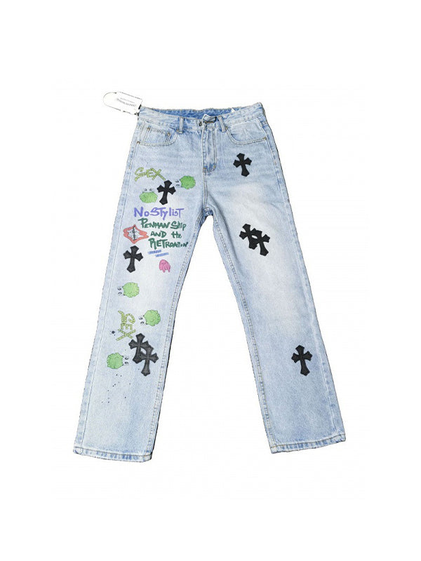 Hand Drawn Graffiti Leather Cross Boyfriend Jeans