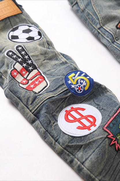 Blue Punk Stitched Badge Flare Denim Pants