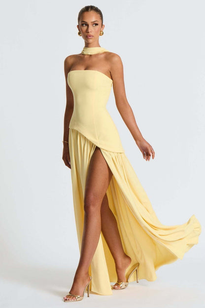 Solid Bustier High Slit Formal Dress