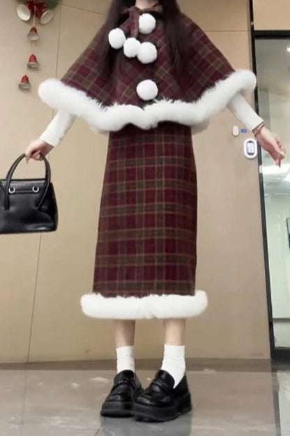 Plaid Cape Cloak Hooded Coat