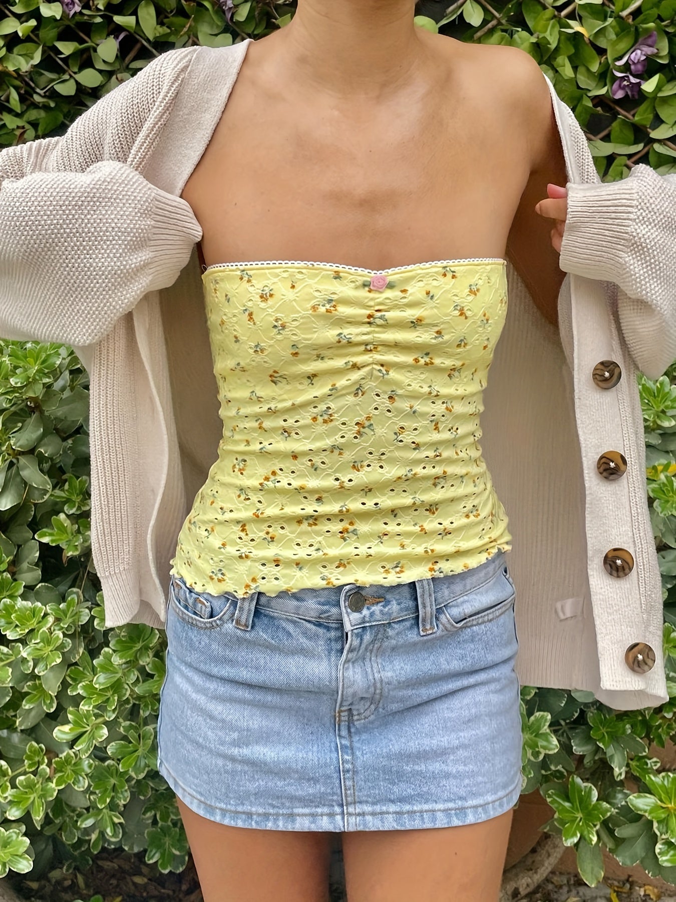 Floral Pattern Eyelet Tube Top, Y2K Ruched Strapless Slim Top For & Summer, Clothing