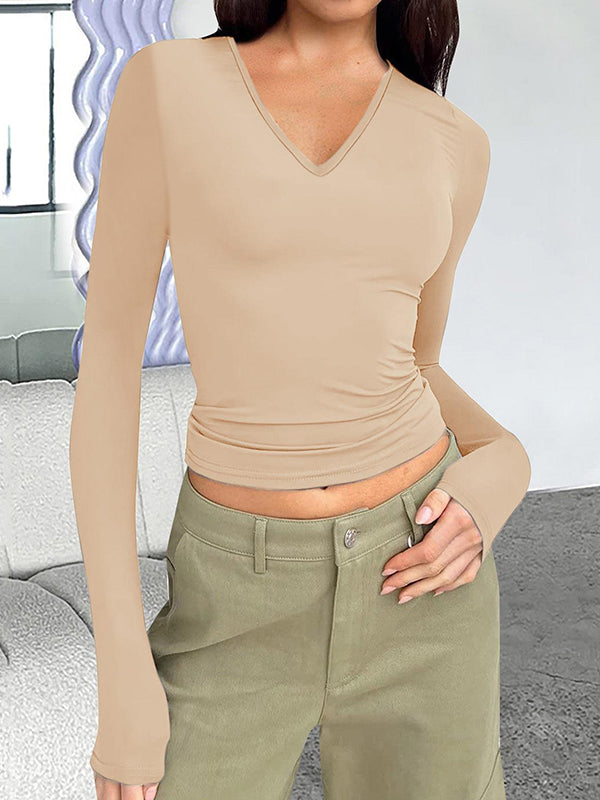 Solid V Neck Slim Long Sleeve Tee