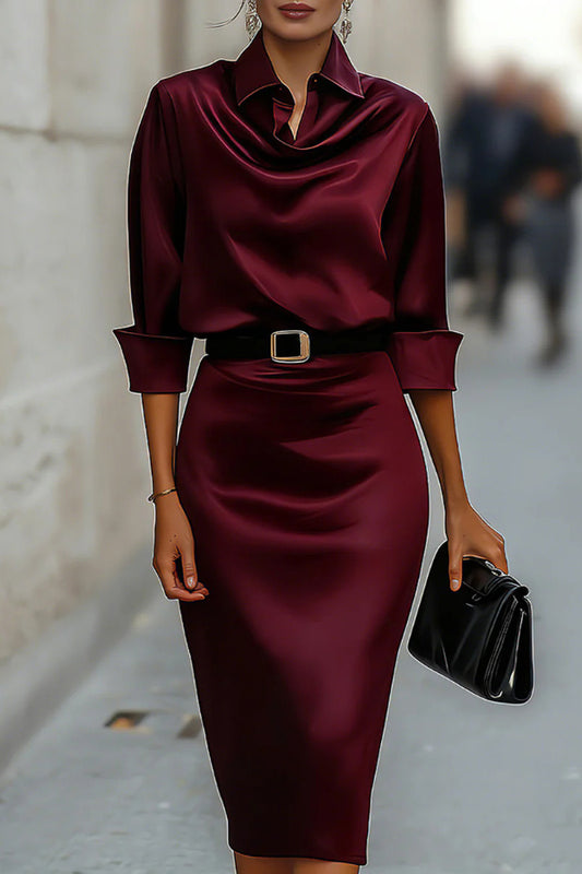 Solid Color Satin Lapel Long Sleeve Elegant Slim-fit Midi Dress