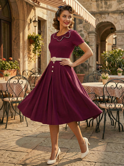 Contrast Piping Bow Neck Button Decor Pleated A Line Swing Dress For Women 2026