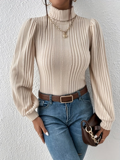 Elegante jersey de cuello alto acanalado beige para mujer | Ideal para otoño/invierno