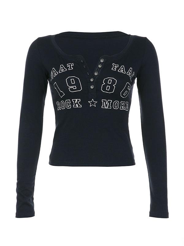 Number Letter Print Breasted Slim Long Sleeve Tee