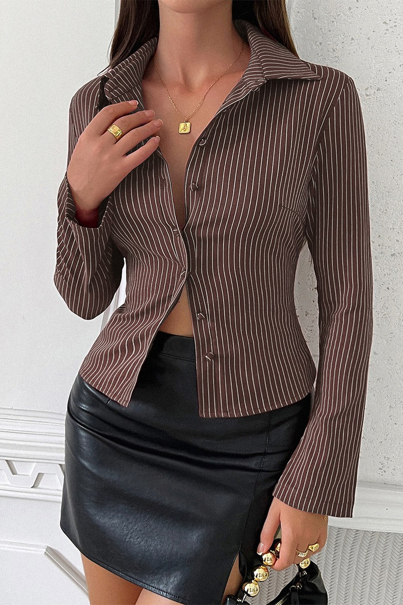 Solid Striped Long Sleeve Blouse