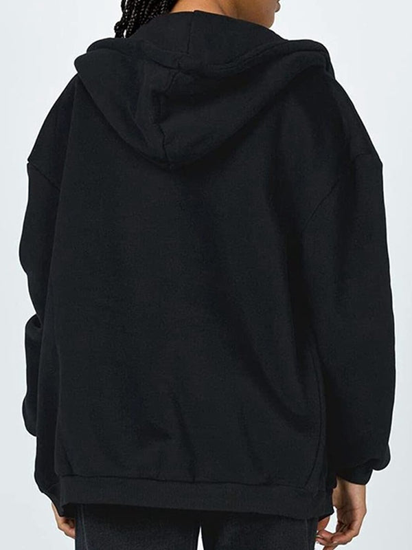 Solid Drawstring Zip Up Oversized Hoodie