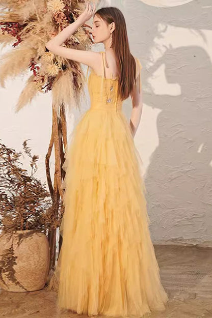 Yellow Spaghetti Strap Mini Formal Dress