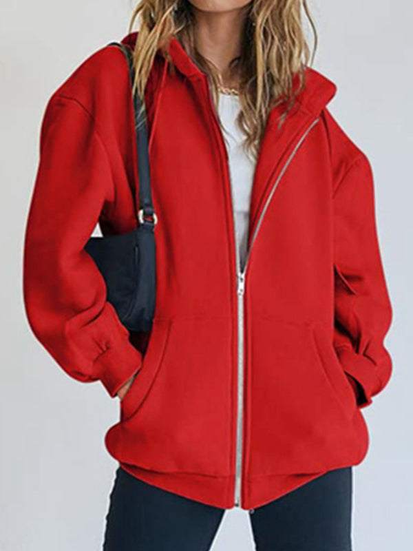Solid Drawstring Zip Up Oversized Hoodie