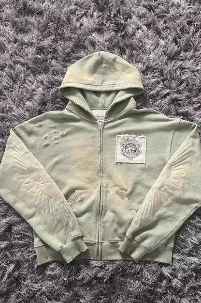 Letter Embroidery Zipper Hoodie