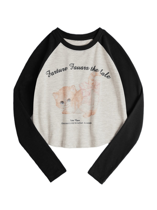 Kitten Print Raglan Long Sleeve Tee