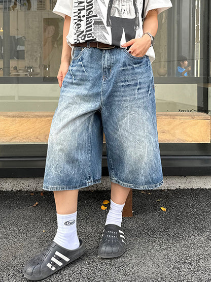 Vintage Washed Lightning Bolt Pattern Denim Shorts