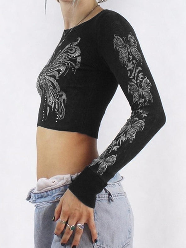 Butterfly Rhinestone Print Crop Long Sleeve Tee