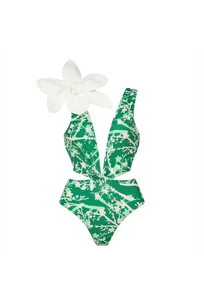 Traje de baño de una pieza con estampado verde y apliques florales
