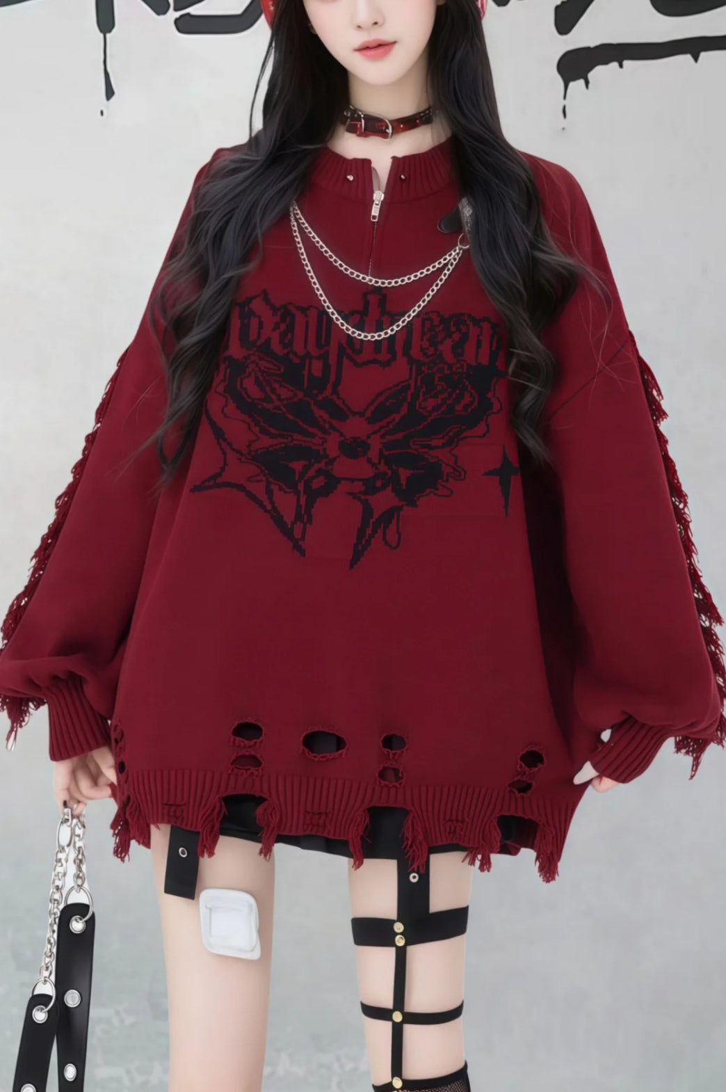 Gothic Y2K Subculture Rivet Print Ripped Loose Knit Sweater
