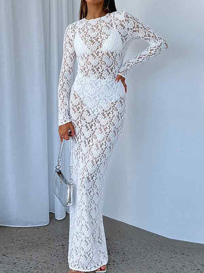 Hollow Lace Pattern See-Through Slim Fit Maxi Dress