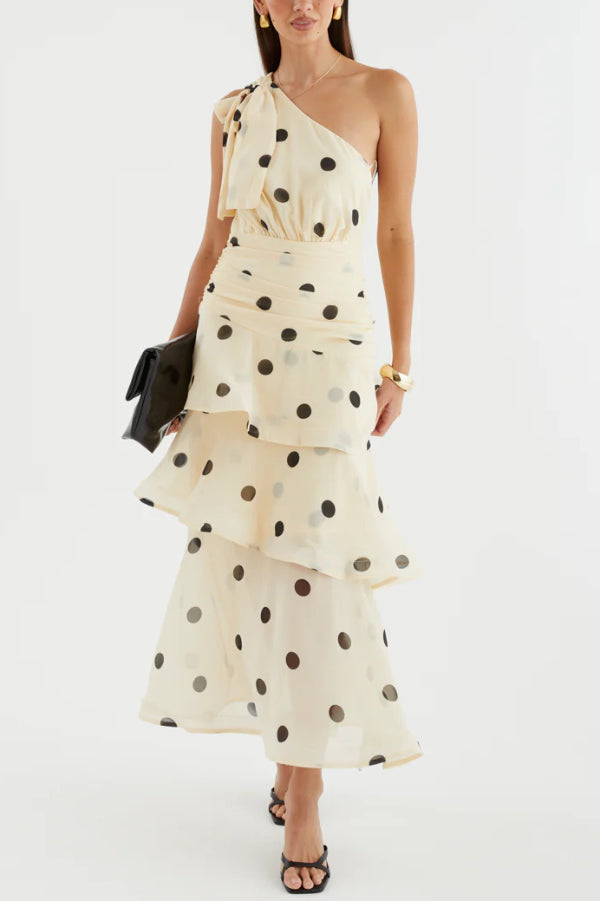 Fashionable Polka Dot Print One-shoulder Sleeveless Layered Mesh Maxi Dress