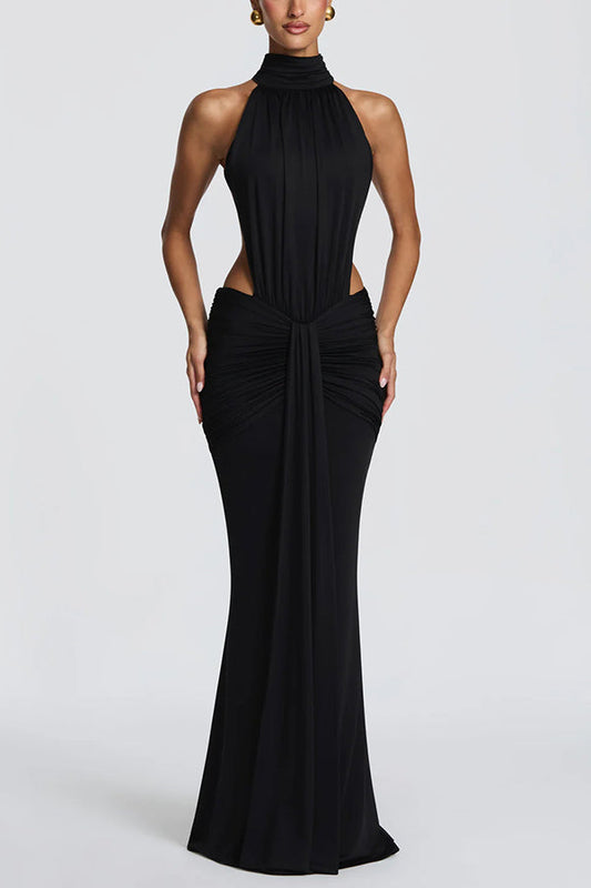 Thekla Stretch Slinky Jersey High Neck Ruched Backless Drape Maxi Dress