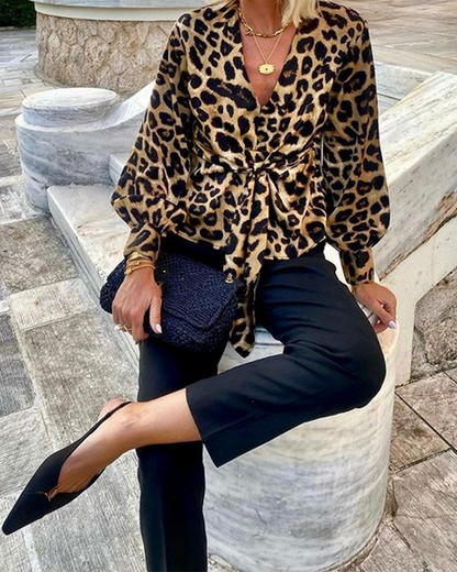 Leopard Print V-Neck Temperament Long Sleeve Shirt