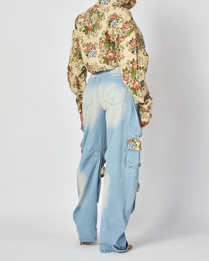 Floral Denim Overalls Suit