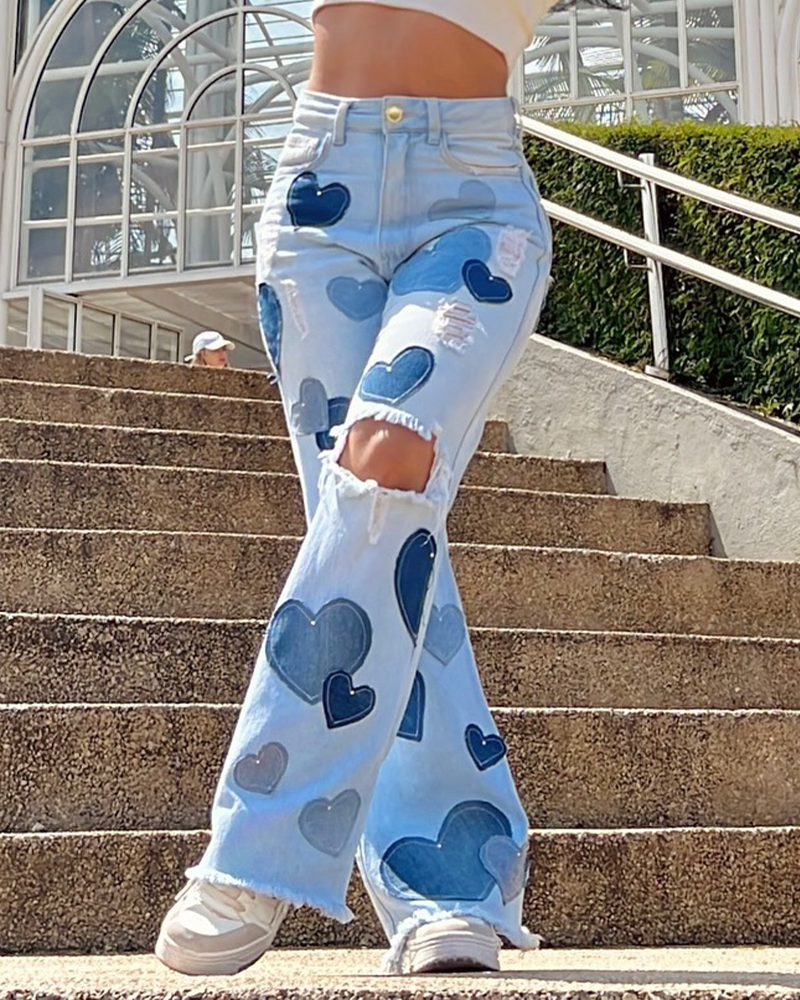 Patch Ripped Straight-Leg Jeans