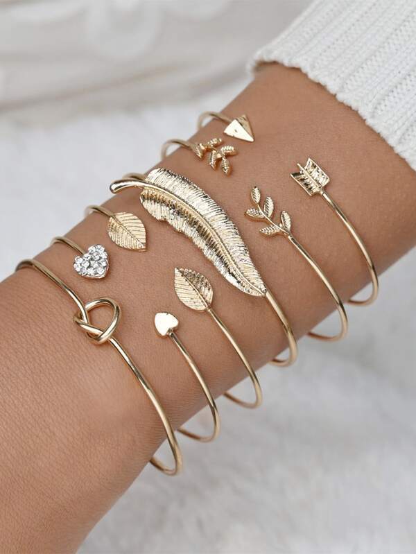 6pcs Leaf & Heart Decor Cuff Bangle for Women