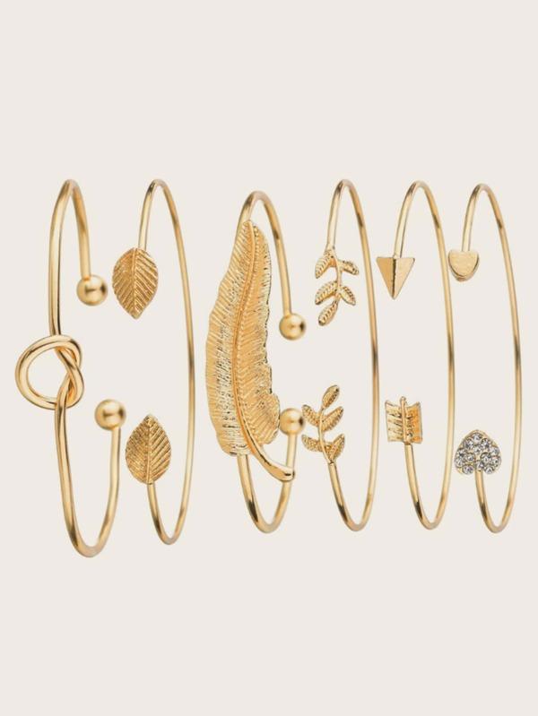 6pcs Leaf & Heart Decor Cuff Bangle for Women