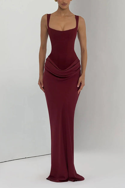 Larrah Square Neck Back Lace-up Satin Drape Hem Maxi Dress