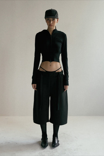Zipper Cropped Embroidered Hoodie