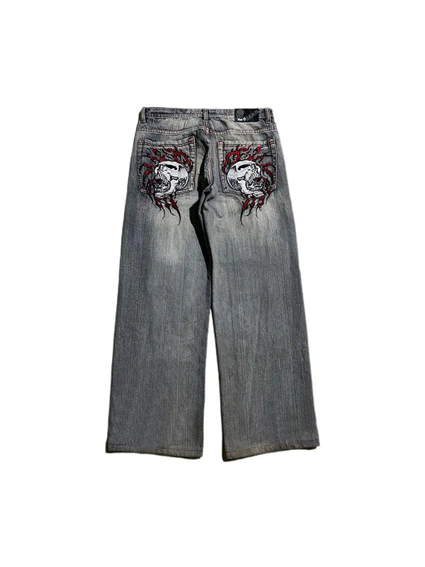 Skull Embroidery Loose Boyfriend Jeans