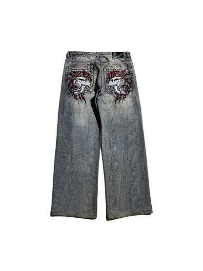 Skull Embroidery Loose Boyfriend Jeans