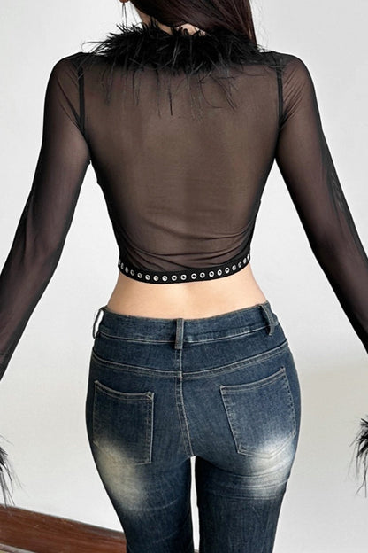 Punk Gothic Tie Front Mesh Top