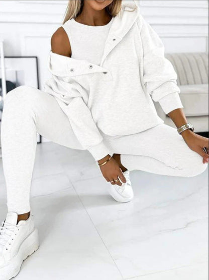 Sporty Casual Hoodie Sweatshirt, Ribbed Slim Fit Vest And Pants Three-piece Set